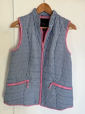 Talbots Blue Gingham Quilted Vest with Pink Trim